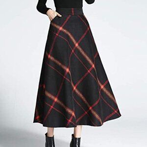 TANMING wool A-line midi skirt plaid with pockets